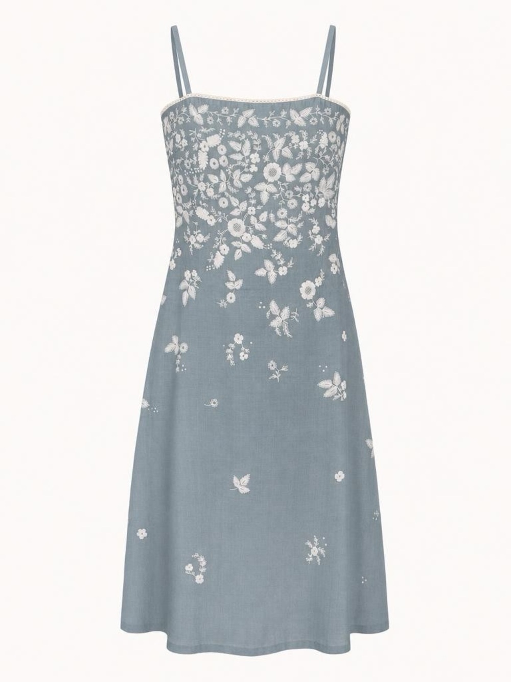 Megan Park Floral Embroidered Blue Silk Slip Dress